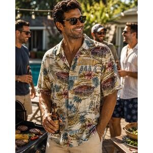 Steve Harvey Camp Shirt Mens XL Beige Excellent Retro Motel Classic Car Hawaiian